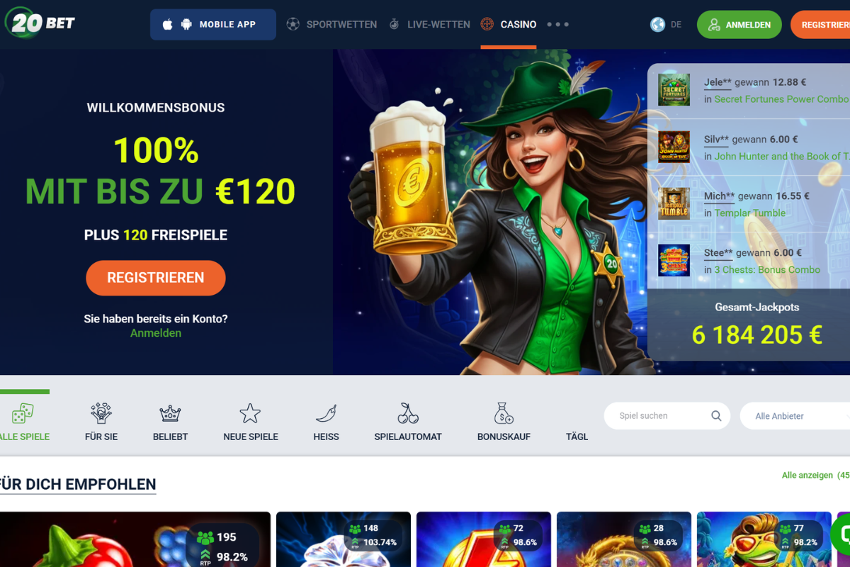 20BET Willkommensbonus 100% bis 120€ plus 120 Freispiele – Casino-Lobby Screenshot