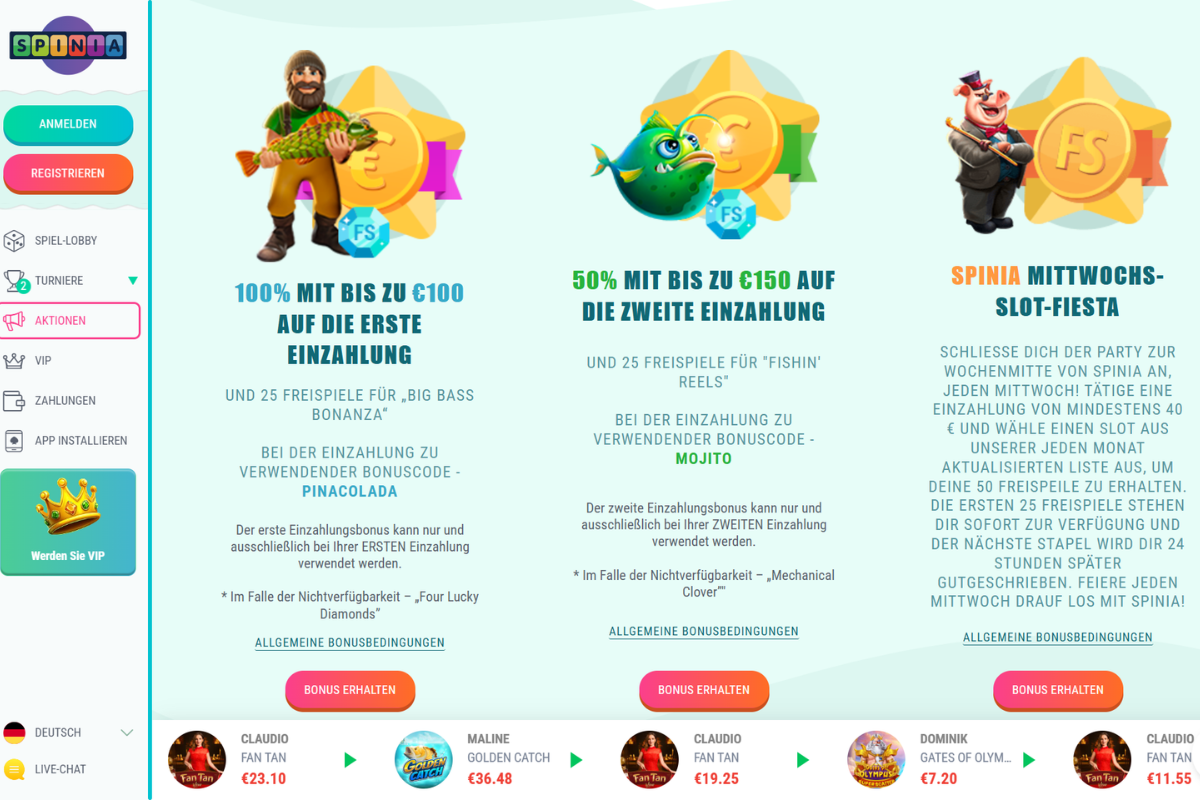 Spinia Casino Willkommensbonus 100% bis 100€ – Bonus-Lobby Screenshot
